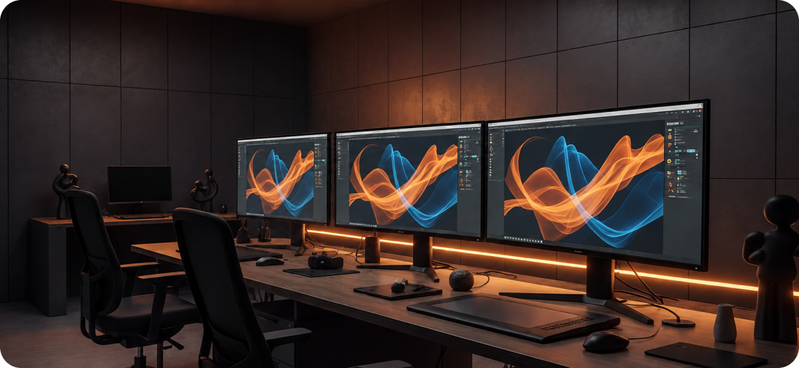 ThisBrand creative workspace with multiple monitors