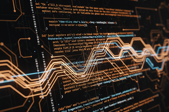 Code on screen layered over a glowing circuit visualisation